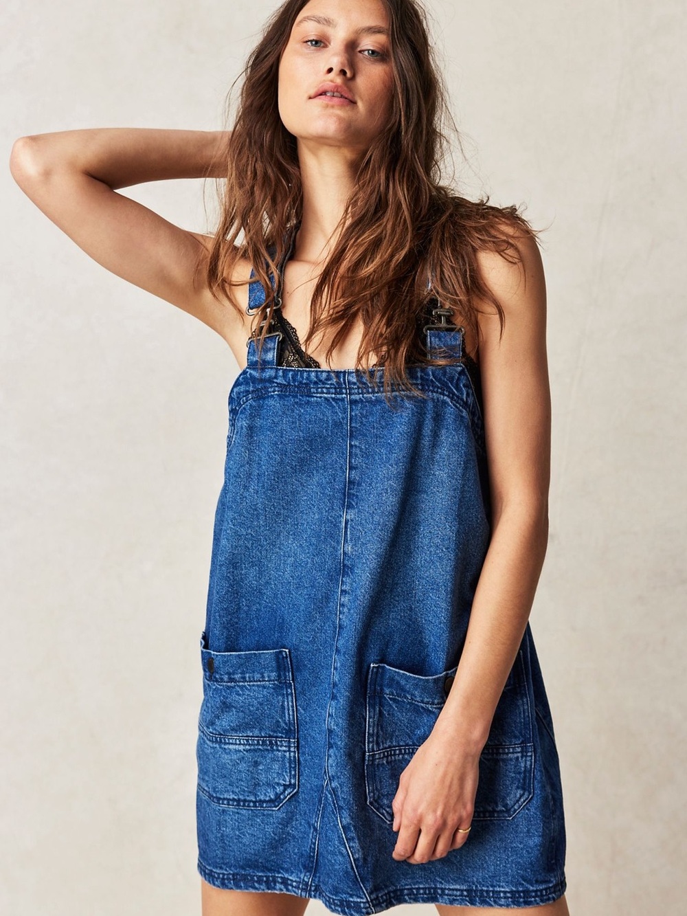 We The Free Blue Denim Pinafore Dress